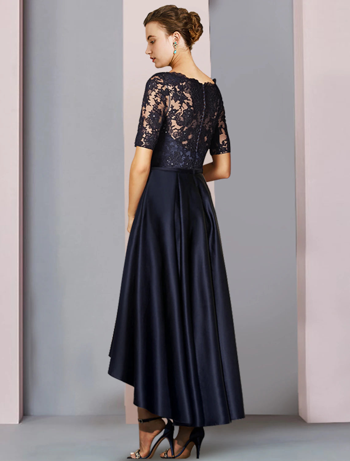 Wholesale  A-Line Mother of the Bride Dress Fall Wedding Guest Elegant High Low Scoop Neck Asymmetrical Tea Length Satin Lace Short Sleeve with Bow(s) Pleats Appliques